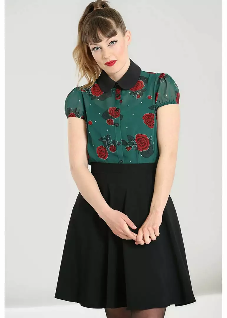 New In Hell Bunny Leonora Rose 40's Blouse Dark Green 6 New In Hell Bunny Leonora Rose 40's Blouse Dark Green