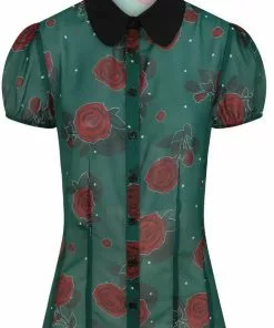 New In Hell Bunny Leonora Rose 40's Blouse Dark Green 10 New In Hell Bunny Leonora Rose 40's Blouse Dark Green