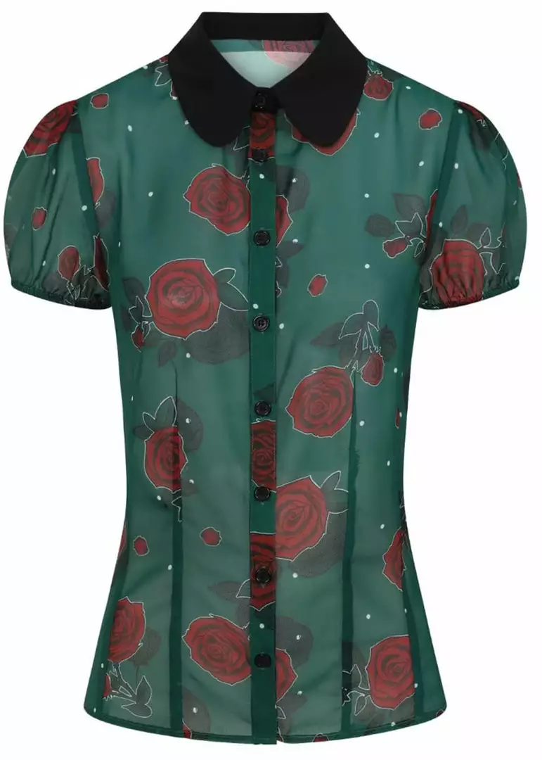 New In Hell Bunny Leonora Rose 40's Blouse Dark Green 4 New In Hell Bunny Leonora Rose 40's Blouse Dark Green