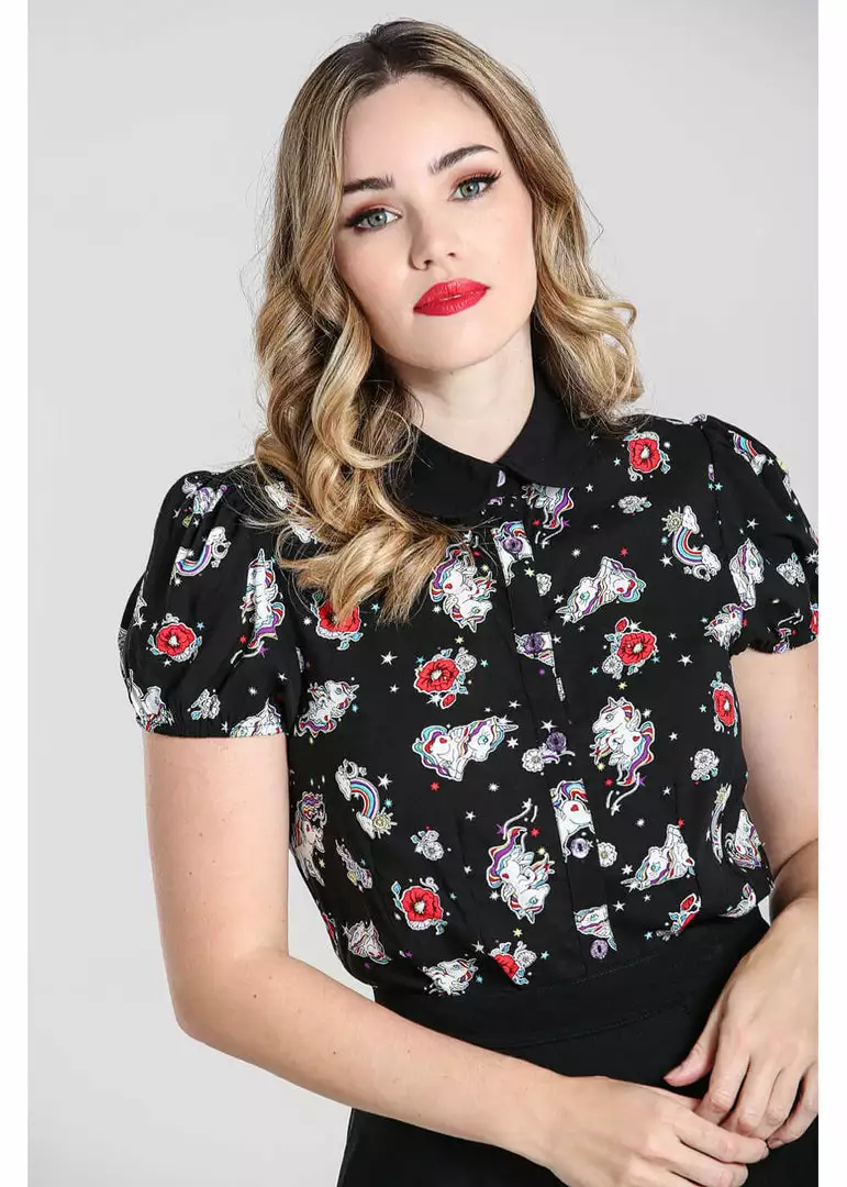 Hell Bunny Star Catcher Unicorn 60's Blouse Black New In 4 Hell Bunny Star Catcher Unicorn 60's Blouse Black New In
