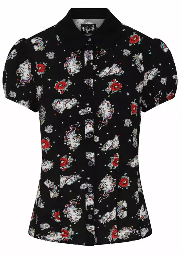 Hell Bunny Star Catcher Unicorn 60's Blouse Black New In 3 Hell Bunny Star Catcher Unicorn 60's Blouse Black New In