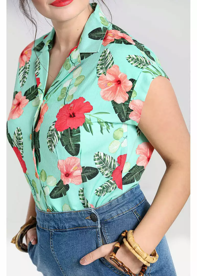 Hell Bunny Moana Hibiscus 50's Shirt Mint Green New In 8 Hell Bunny Moana Hibiscus 50's Shirt Mint Green New In