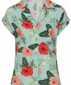 Hell Bunny Moana Hibiscus 50's Shirt Mint Green New In