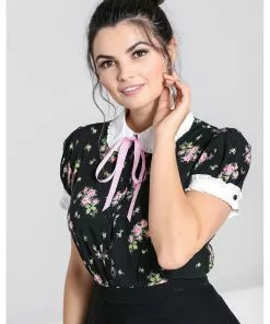 Hell Bunny Bobby Sue Rose 40's Blouse Black New In