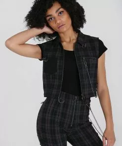 Hell Bunny Cobain Tartan Vest Top Black New In
