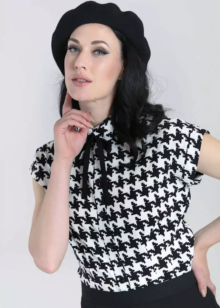 New In Hell Bunny Blake Houndstooth 60's Blouse Black White 7 New In Hell Bunny Blake Houndstooth 60's Blouse Black White