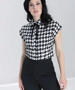 New In Hell Bunny Blake Houndstooth 60's Blouse Black White 17 New In Hell Bunny Blake Houndstooth 60's Blouse Black White