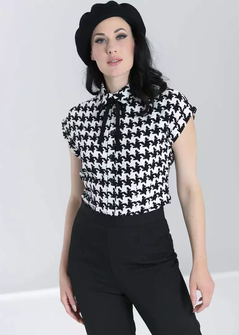 New In Hell Bunny Blake Houndstooth 60's Blouse Black White 8 New In Hell Bunny Blake Houndstooth 60's Blouse Black White