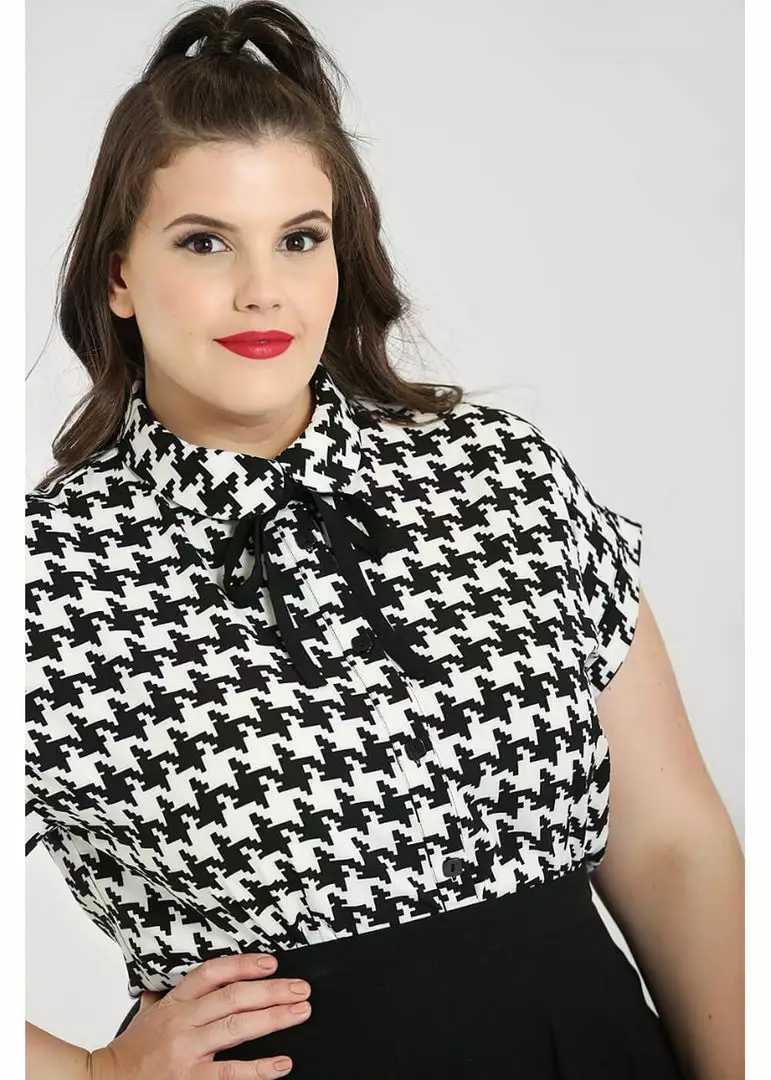 New In Hell Bunny Blake Houndstooth 60's Blouse Black White 11 New In Hell Bunny Blake Houndstooth 60's Blouse Black White