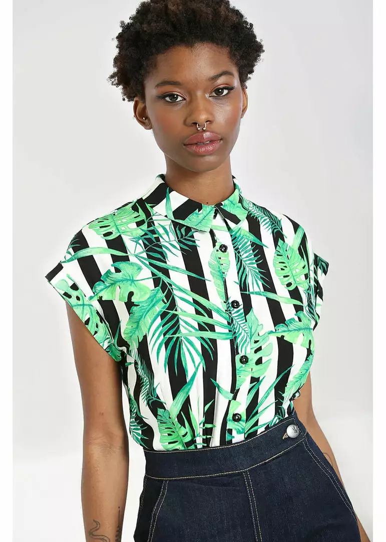 New In Hell Bunny Solana Leaves 60's Shirt Black White 7 New In Hell Bunny Solana Leaves 60's Shirt Black White