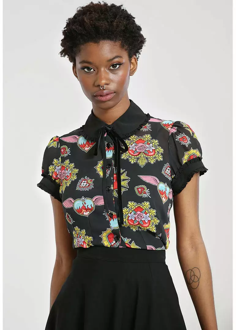 Hell Bunny Amias Sacred Heart 50's Blouse Black New In 8 Hell Bunny Amias Sacred Heart 50's Blouse Black New In