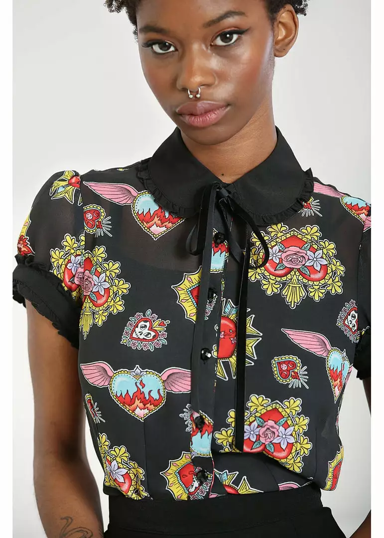 Hell Bunny Amias Sacred Heart 50's Blouse Black New In 4 Hell Bunny Amias Sacred Heart 50's Blouse Black New In
