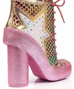 New In Irregular Choice Milovat Star Platform Boots Pink Gold