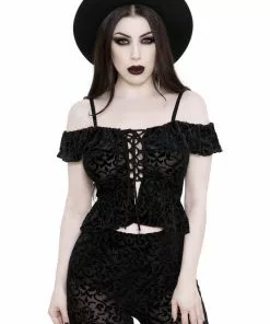 New In Killstar Aimee Burnout Velvet Bardot Top Black
