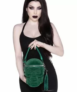 Killstar Grave Digger Velvet Skull Bag Green
