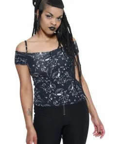 New In Killstar Lulu Skulls 50's Bardot Top Black