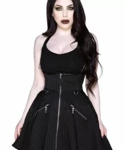 New In Killstar Dark Flair Skirt With Suspenders Black Pinstripe