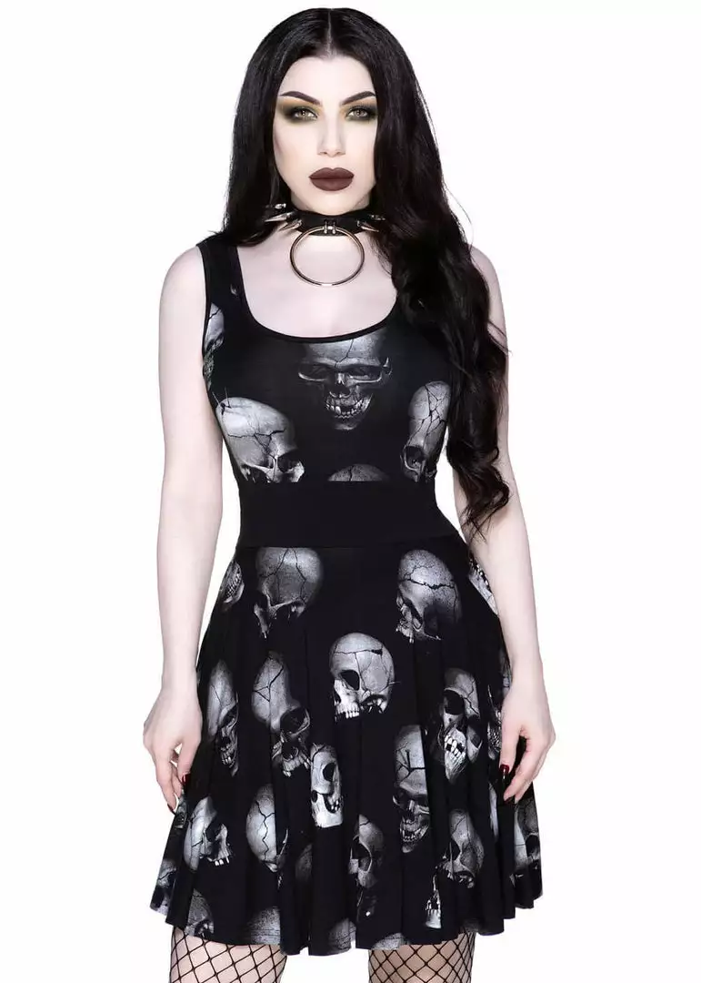 Killstar Heads Rollin' Skulls Skater Dress Black New In 4 Killstar Heads Rollin' Skulls Skater Dress Black New In