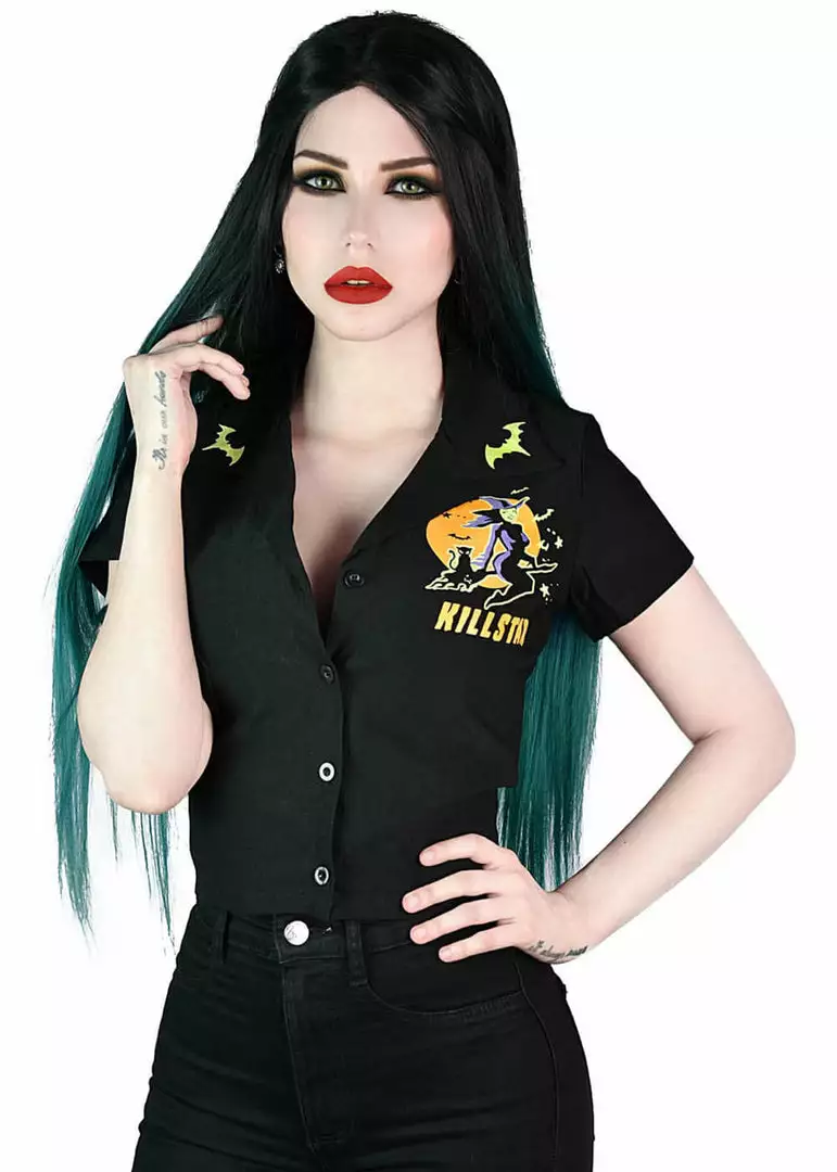 Killstar Vince Ray Witch Queen Crop 50's Bowling Shirt Black New In 3 Killstar Vince Ray Witch Queen Crop 50's Bowling Shirt Black New In