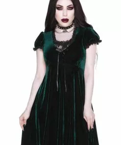 New In Killstar Heather Velvet 60's Jurk Emerald Green