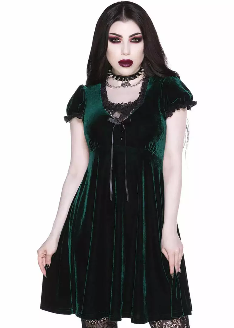 New In Killstar Heather Velvet 60's Jurk Emerald Green 3 New In Killstar Heather Velvet 60's Jurk Emerald Green