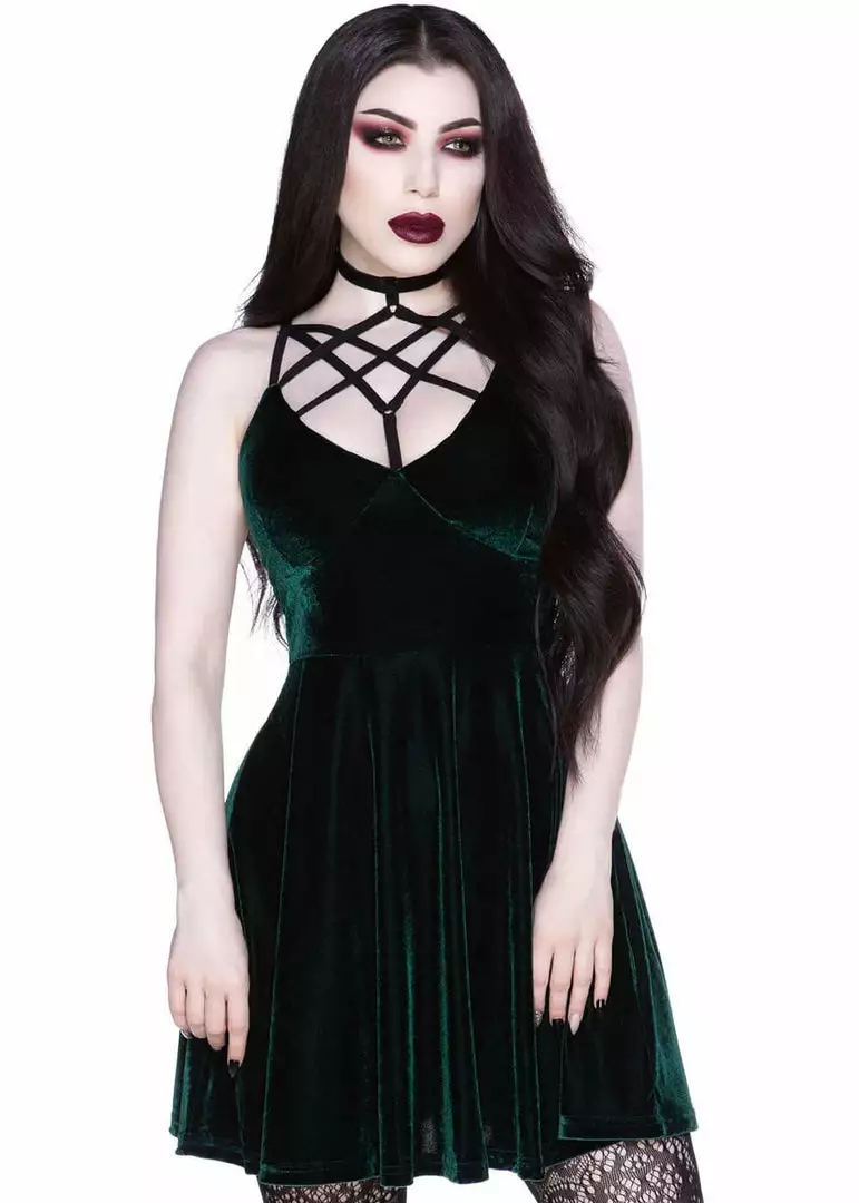 New In Killstar Magica Velvet Skater Dress Emerald Green 3 New In Killstar Magica Velvet Skater Dress Emerald Green