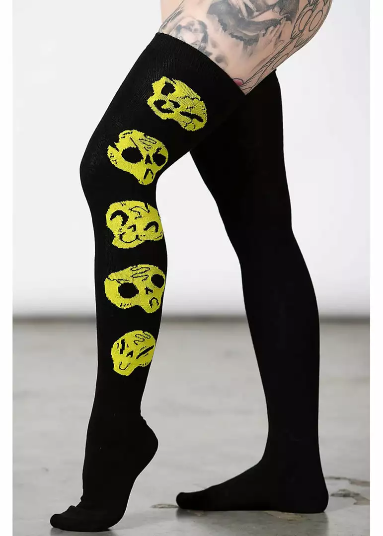 Killstar Heads Up Skulls Long Socks Black New In 3 Killstar Heads Up Skulls Long Socks Black New In