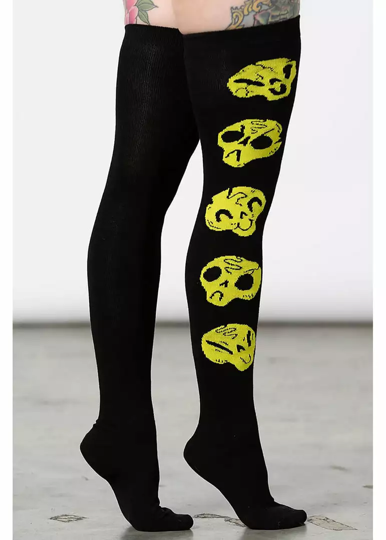 Killstar Heads Up Skulls Long Socks Black New In 4 Killstar Heads Up Skulls Long Socks Black New In