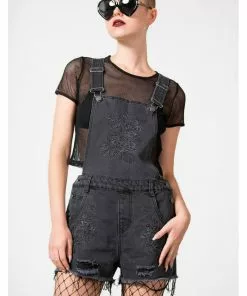 New In Killstar Blackbell Denim Overalls Shorts Black