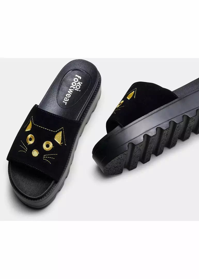 New In Koi Footwear Riku Cat Face Plateau Sliders Black Gold 5 New In Koi Footwear Riku Cat Face Plateau Sliders Black Gold