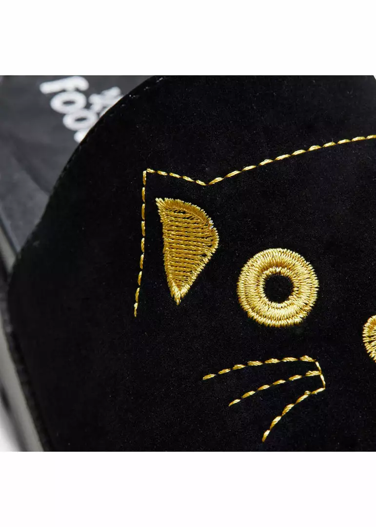 New In Koi Footwear Riku Cat Face Plateau Sliders Black Gold 6 New In Koi Footwear Riku Cat Face Plateau Sliders Black Gold