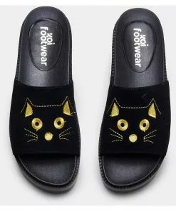 New In Koi Footwear Riku Cat Face Plateau Sliders Black Gold