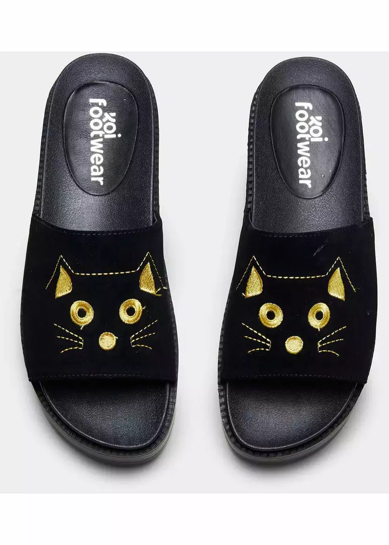 New In Koi Footwear Riku Cat Face Plateau Sliders Black Gold 3 New In Koi Footwear Riku Cat Face Plateau Sliders Black Gold