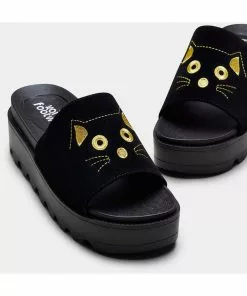 New In Koi Footwear Riku Cat Face Plateau Sliders Black Gold