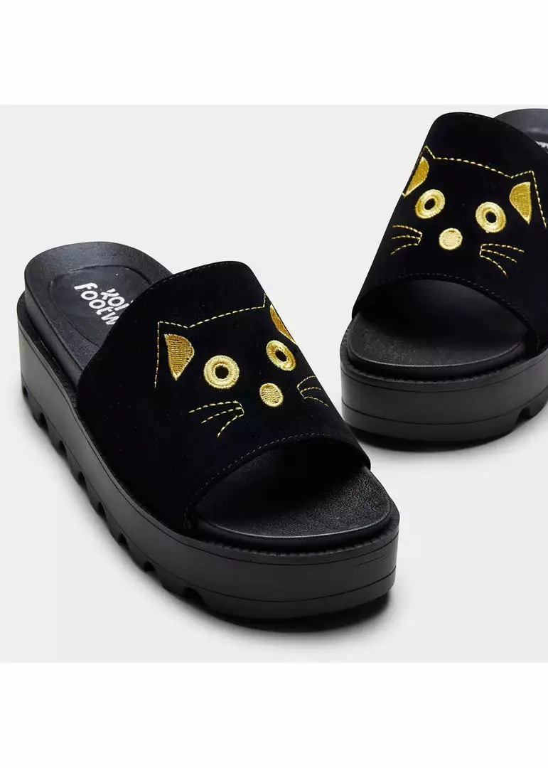 New In Koi Footwear Riku Cat Face Plateau Sliders Black Gold 4 New In Koi Footwear Riku Cat Face Plateau Sliders Black Gold