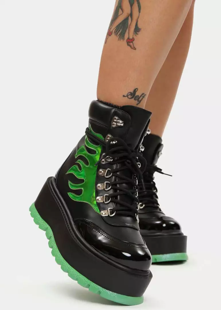 Koi Footwear Helios Hologram Flames Plateau Boots Black Green 6 Koi Footwear Helios Hologram Flames Plateau Boots Black Green