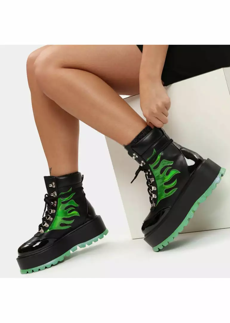 Koi Footwear Helios Hologram Flames Plateau Boots Black Green 3 Koi Footwear Helios Hologram Flames Plateau Boots Black Green