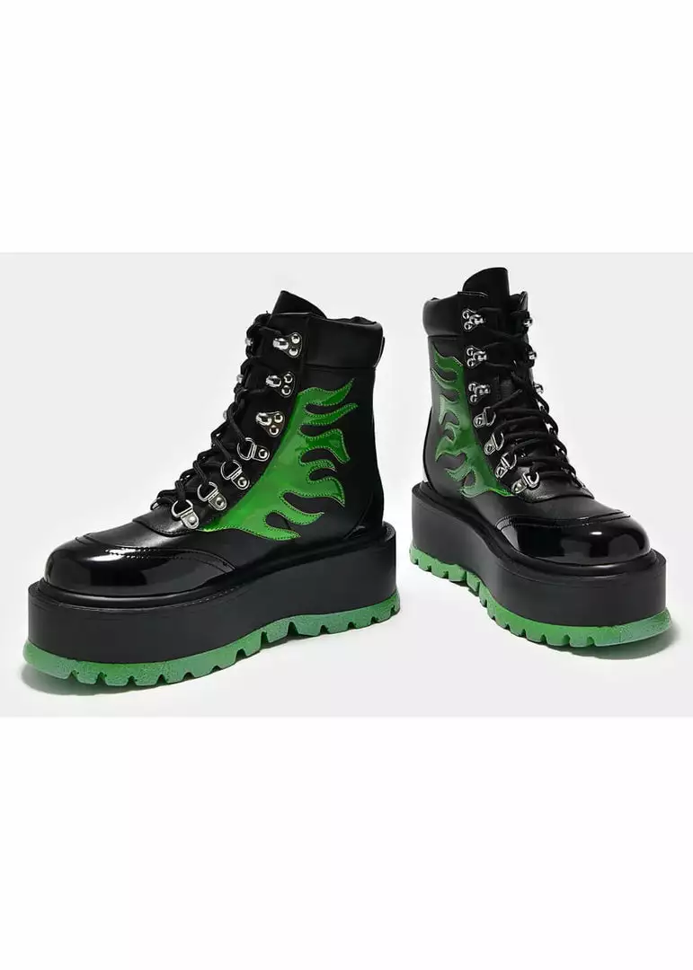 Koi Footwear Helios Hologram Flames Plateau Boots Black Green 7 Koi Footwear Helios Hologram Flames Plateau Boots Black Green