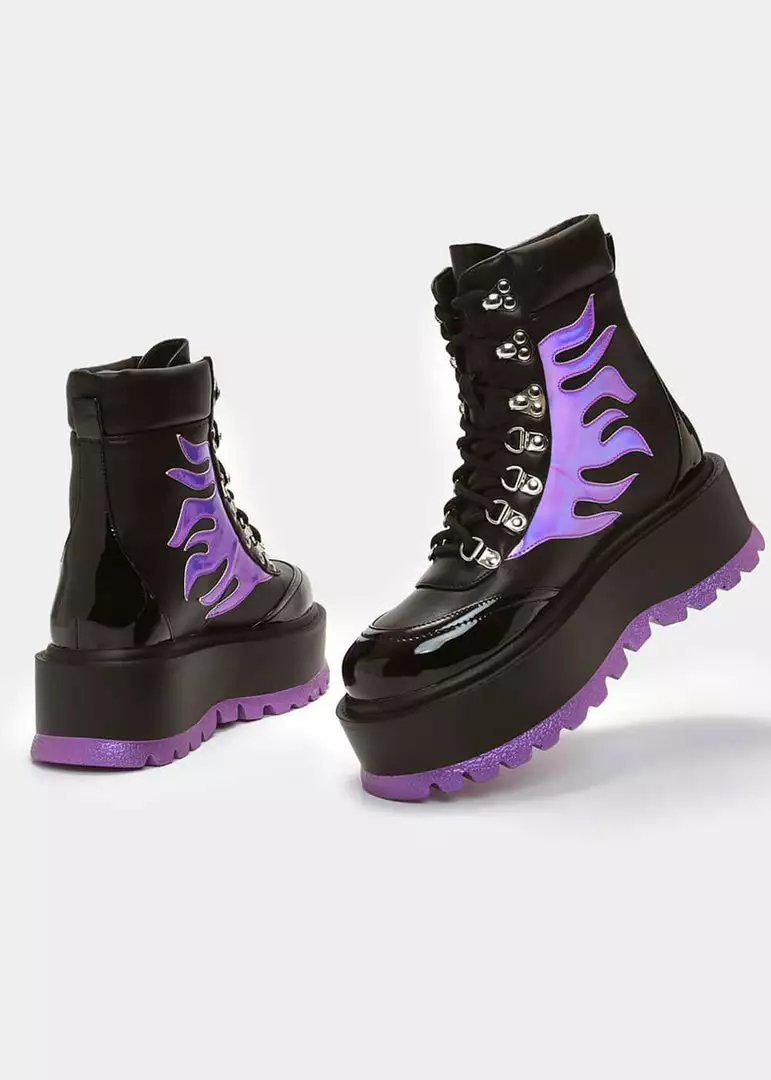New In Koi Footwear Helios Hologram Flames Platform Boots Black Purple 5 New In Koi Footwear Helios Hologram Flames Platform Boots Black Purple