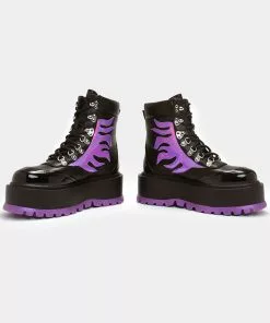 New In Koi Footwear Helios Hologram Flames Platform Boots Black Purple 9 New In Koi Footwear Helios Hologram Flames Platform Boots Black Purple