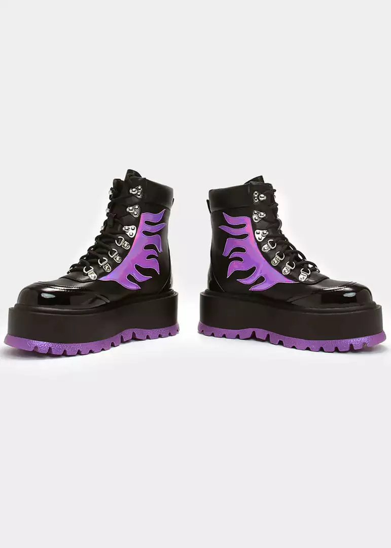 New In Koi Footwear Helios Hologram Flames Platform Boots Black Purple 6 New In Koi Footwear Helios Hologram Flames Platform Boots Black Purple