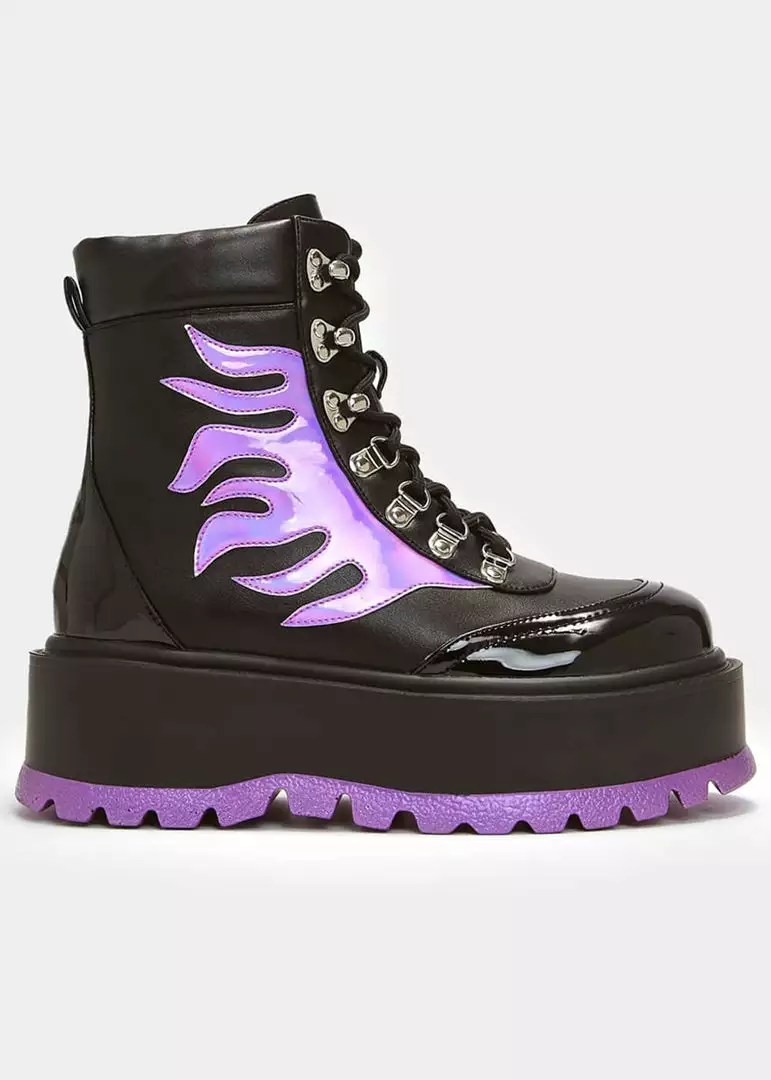 New In Koi Footwear Helios Hologram Flames Platform Boots Black Purple 3 New In Koi Footwear Helios Hologram Flames Platform Boots Black Purple