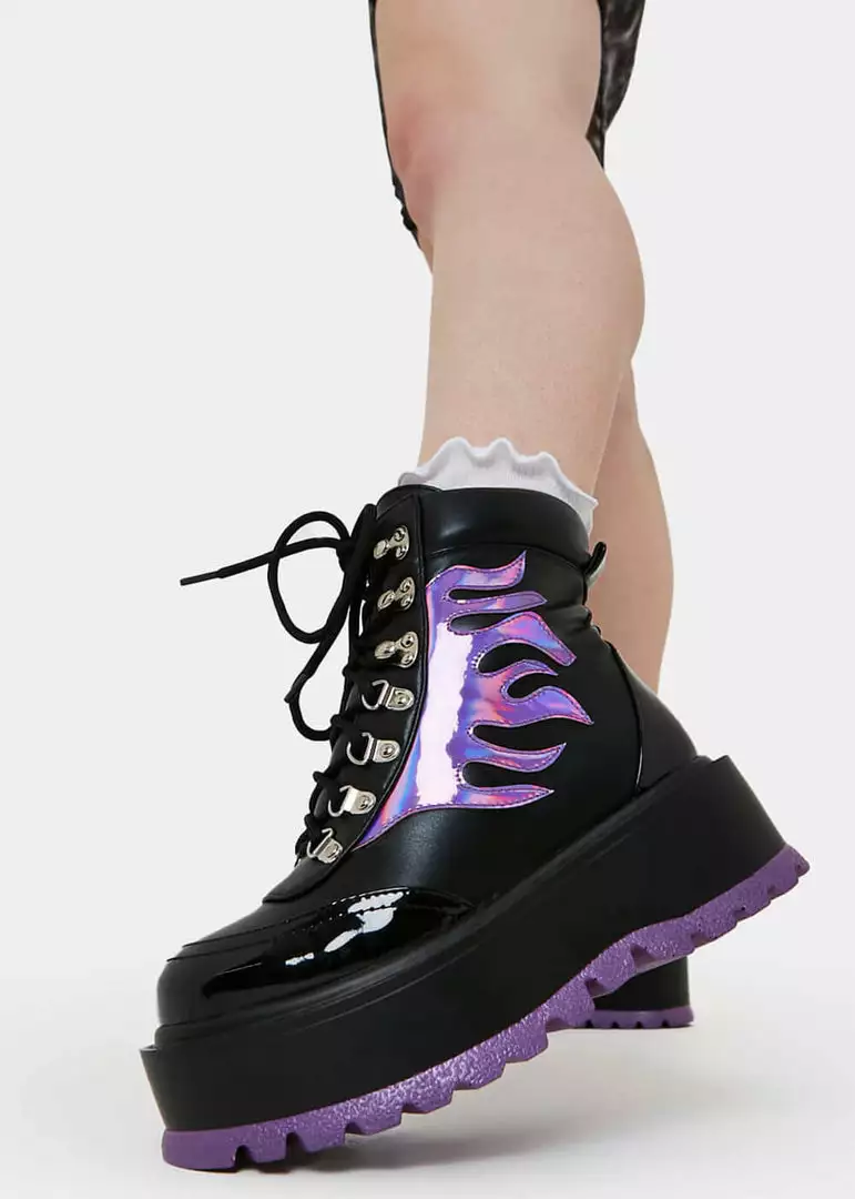 New In Koi Footwear Helios Hologram Flames Platform Boots Black Purple 4 New In Koi Footwear Helios Hologram Flames Platform Boots Black Purple