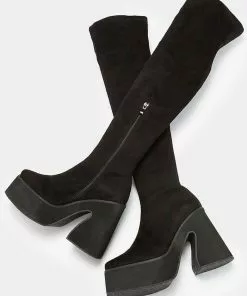 Koi Footwear Damar Over The Knee Suede 60's Boots Black New In