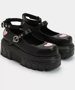 Koi Footwear Warrior Heart Platform Sandals Black Pink New In