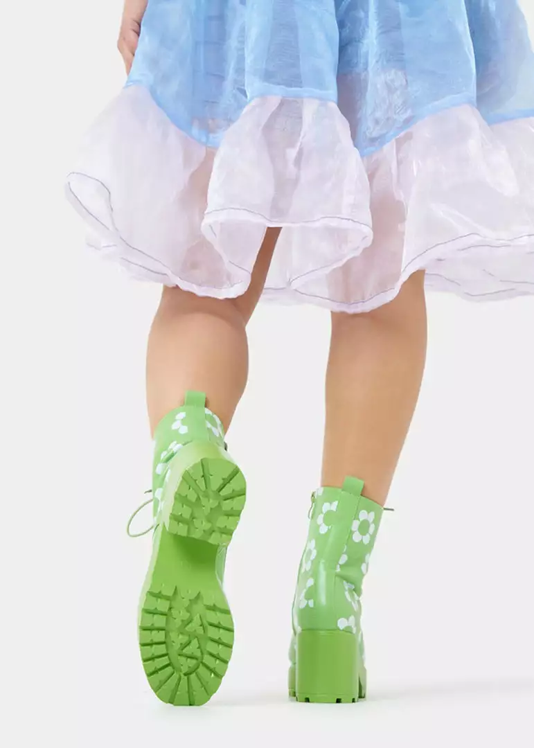 Koi Footwear Orchis Charm 60's Flower Power Boots Green New In 7 Koi Footwear Orchis Charm 60's Flower Power Boots Green New In