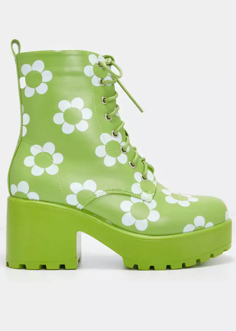 Koi Footwear Orchis Charm 60's Flower Power Boots Green New In 3 Koi Footwear Orchis Charm 60's Flower Power Boots Green New In