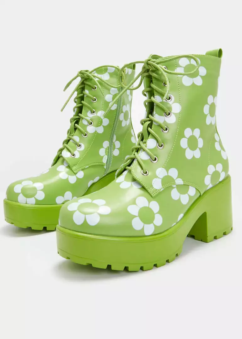 Koi Footwear Orchis Charm 60's Flower Power Boots Green New In 6 Koi Footwear Orchis Charm 60's Flower Power Boots Green New In