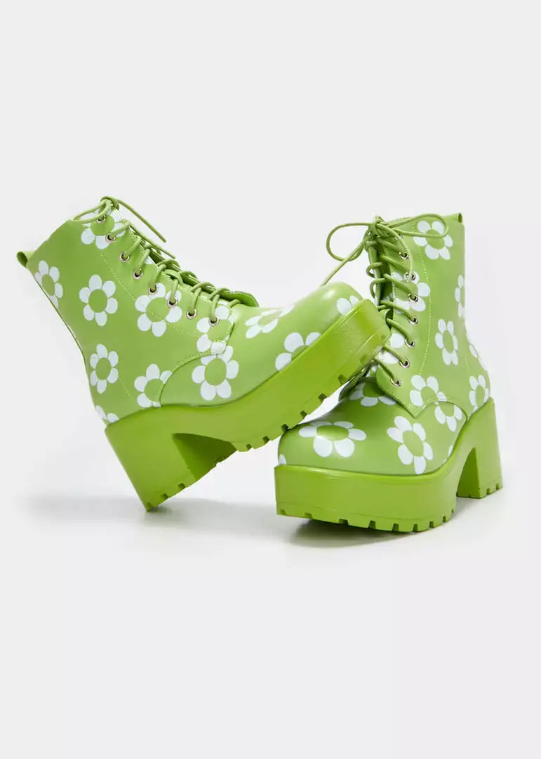 Koi Footwear Orchis Charm 60's Flower Power Boots Green New In 8 Koi Footwear Orchis Charm 60's Flower Power Boots Green New In