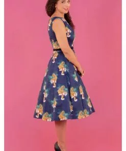 Lady Vintage Lady V Hepburn Tigress Tigers 50's Swing Dress Blue 18 Lady Vintage Lady V Hepburn Tigress Tigers 50's Swing Dress Blue